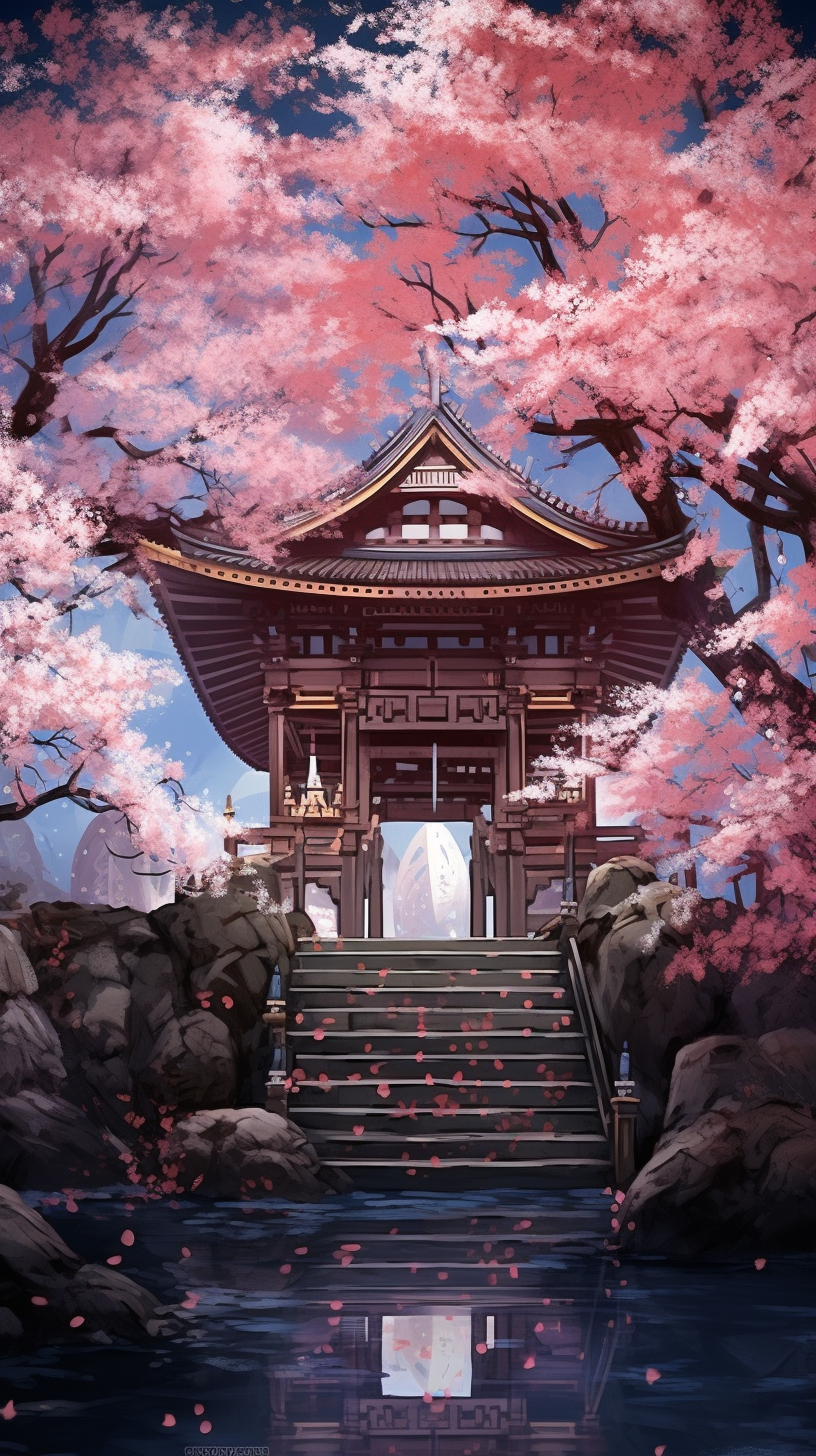 Classic anime art featuring a shrine amidst sakura blossoms; distinct lines and color contrasts. phone art wallpaper