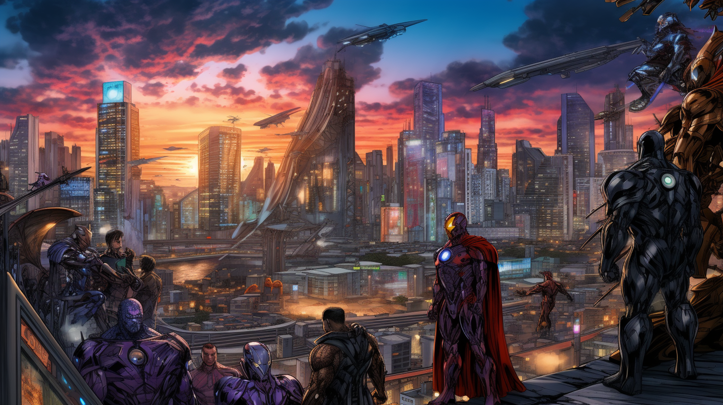 Comic heroes in a bustling metropolis setting; emphasis on architectural details and perspective.desktop, phone, HD & HQ free wallpaper, free to download