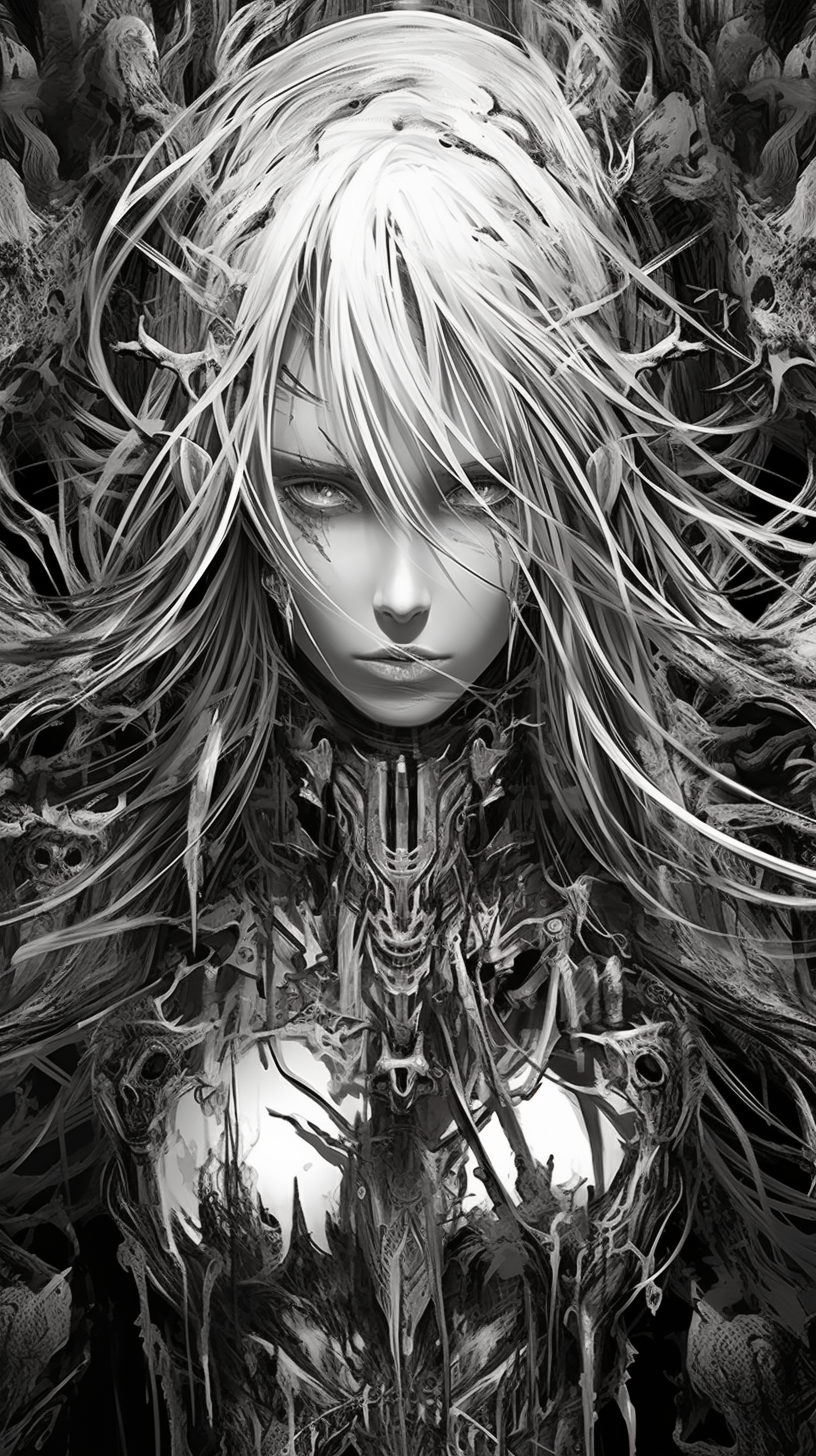 Black and white image of a manga antagonist; detailed with strong, dynamic strokes. phone art wallpaper