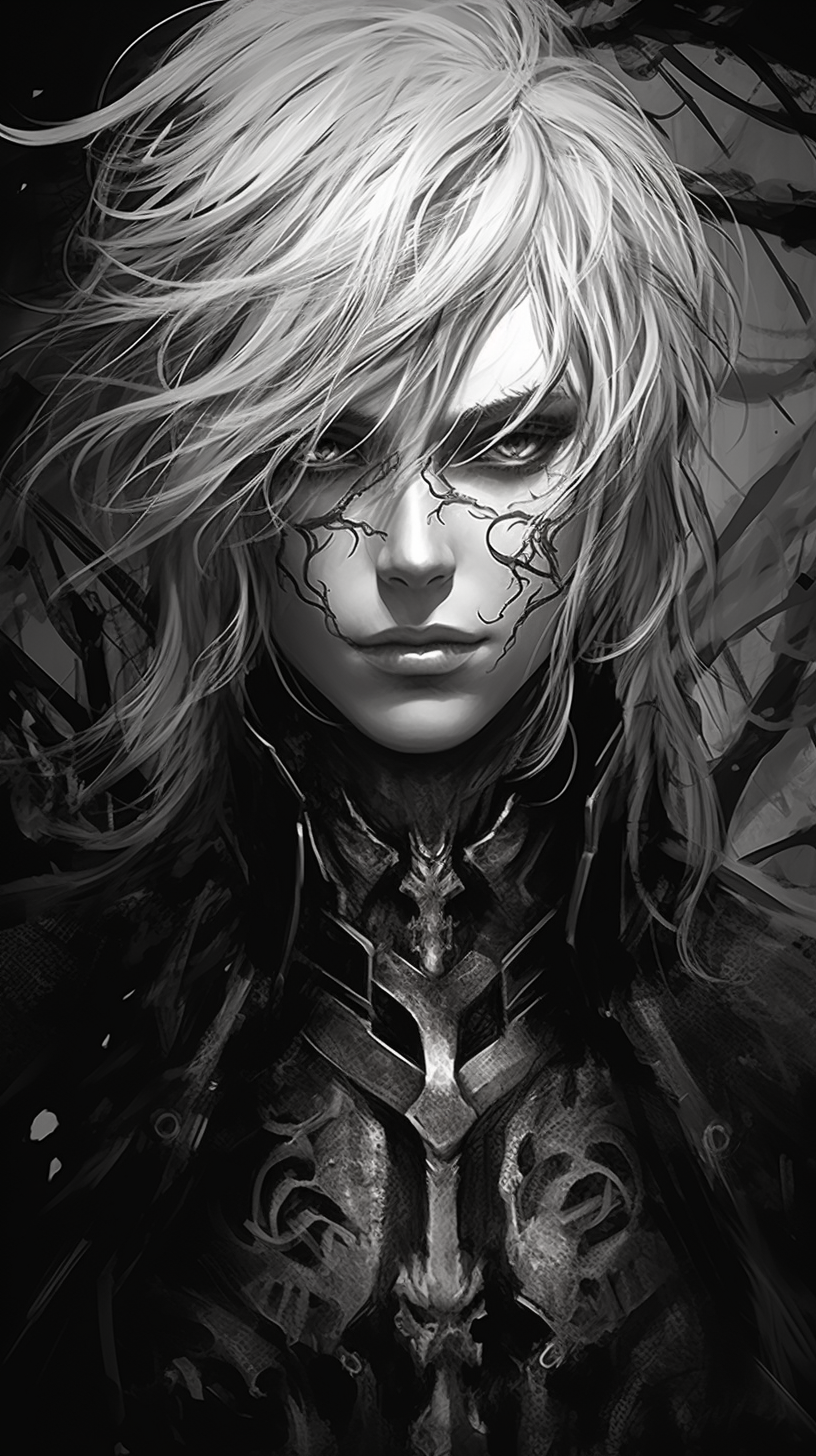 Sinister grayscale antagonist with fine line work and detail in the background elements. phone art wallpaper