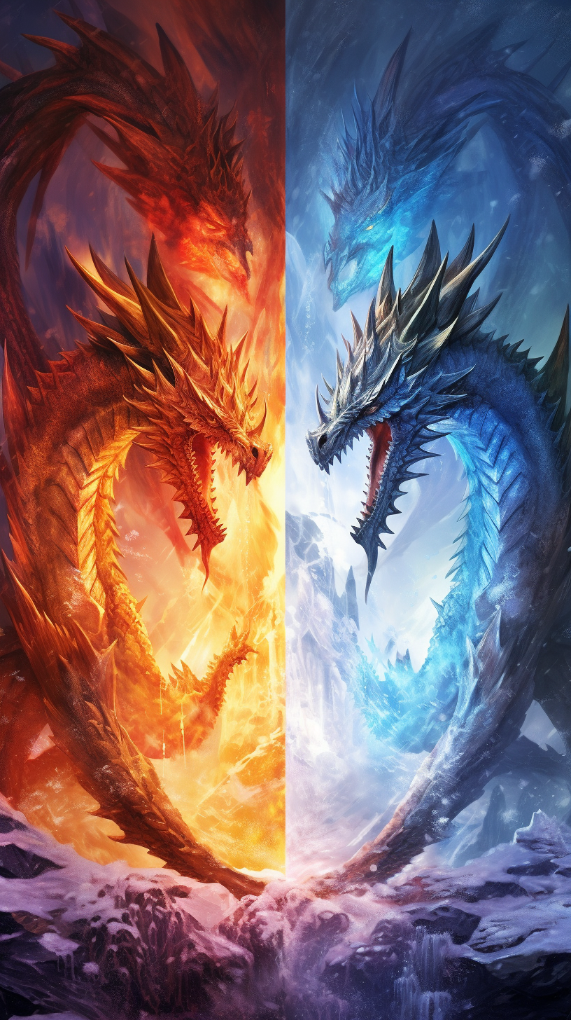 A frostflame showdown between fire and ice dragons; highlighting the intricate designs of scales and the stark contrast between fire and ice. phone art wallpaper