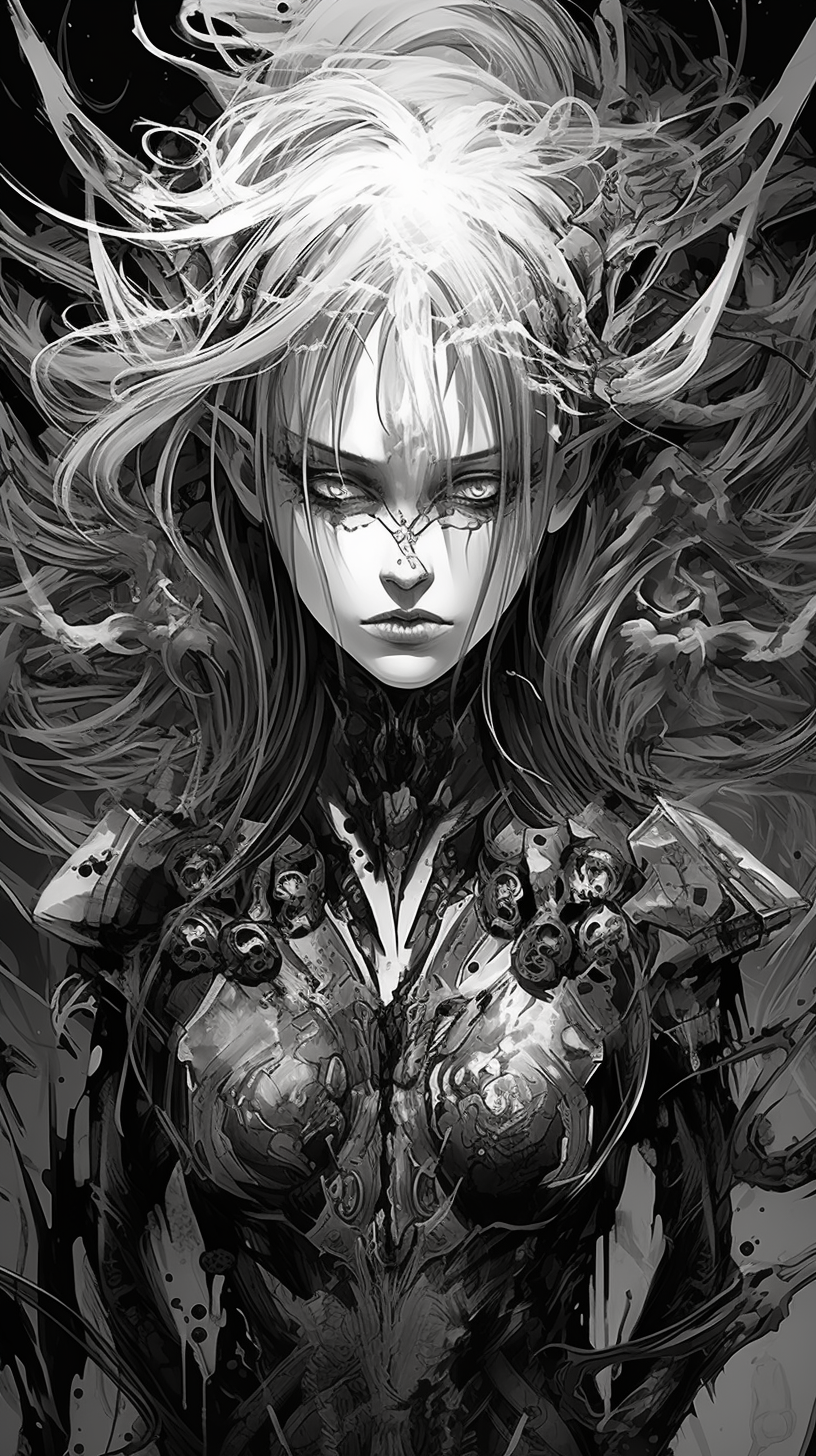 Detailed rendering of an anime villain in black and white, showing the careful use of shading and contrast. phone art wallpaper