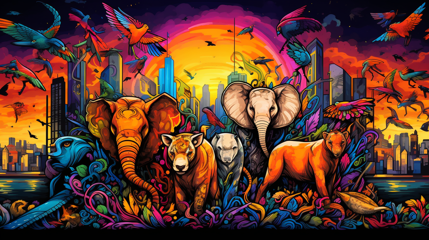 Urban environment featuring graffiti-art animals; bold lines and vibrant colors.desktop, phone, HD & HQ free wallpaper, free to download