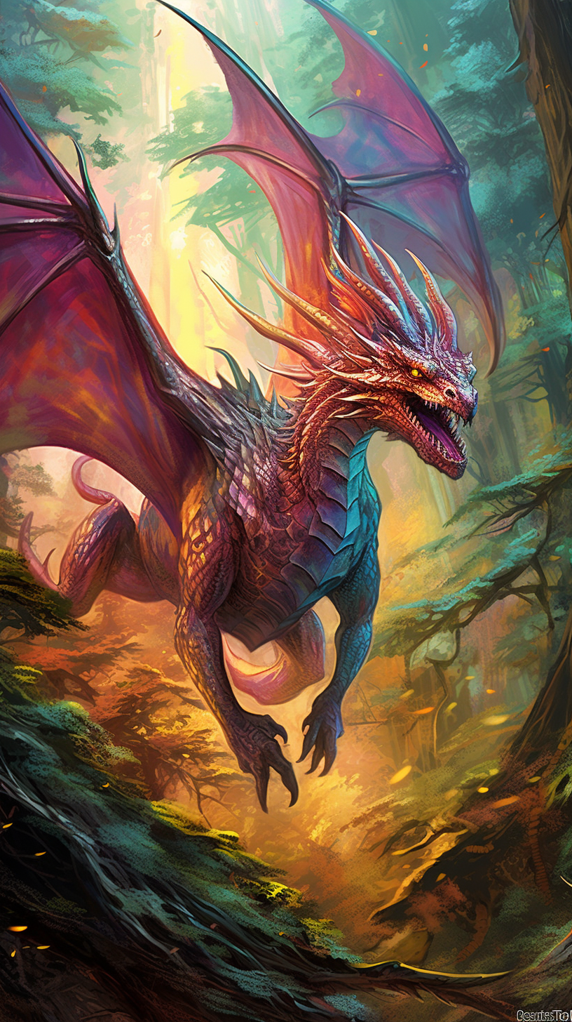 Dragon gliding through a dense canopy; fine details capturing movement and depth. phone art wallpaper