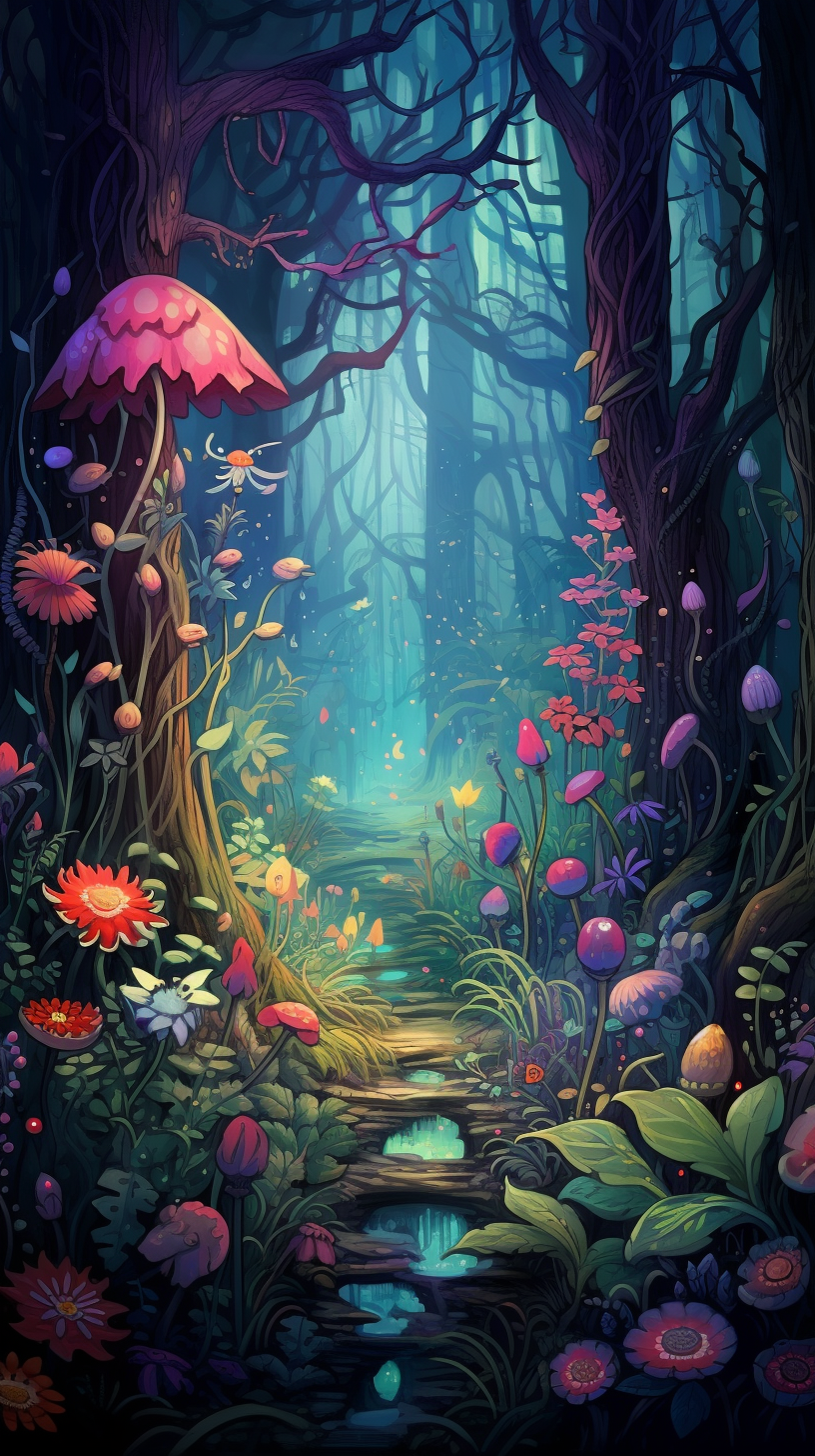 Densely woodland setting filled with ethereal touches like glowing fruit and floating petals; finely shaded and detailed. phone art wallpaper