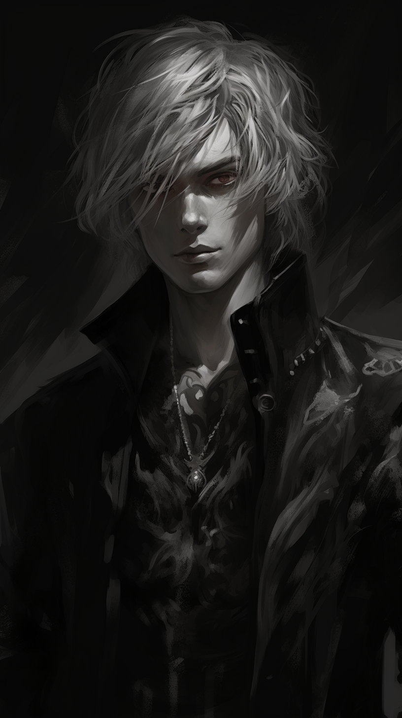 Portrait of an anime antagonist in monochrome, focusing on facial expressions and details. phone art wallpaper