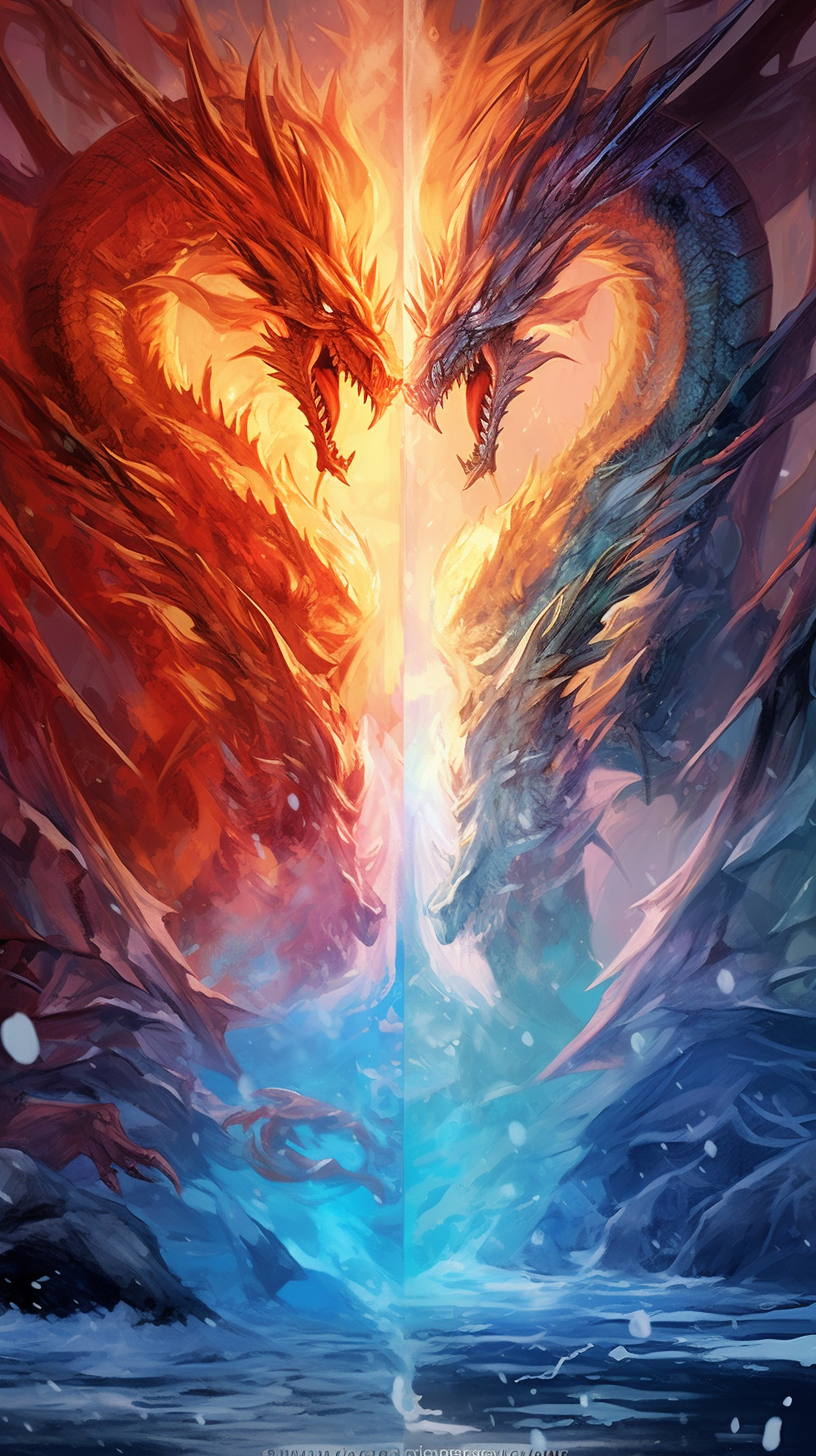 Dragon face-off featuring one breathing fire and the other ice; heavy detail in the frost and flame effects. phone art wallpaper