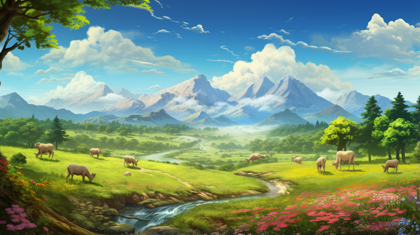Classic art wallpaper showing a detailed landscape; depicting life harmoniously co-existing with nature. desktop, phone, HD & HQ free wallpaper, free to download
