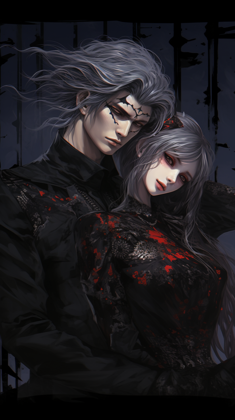 Depicts gothic Manhua figures adorned with layered, gothic outfits; stark black and white contrasts. phone art wallpaper