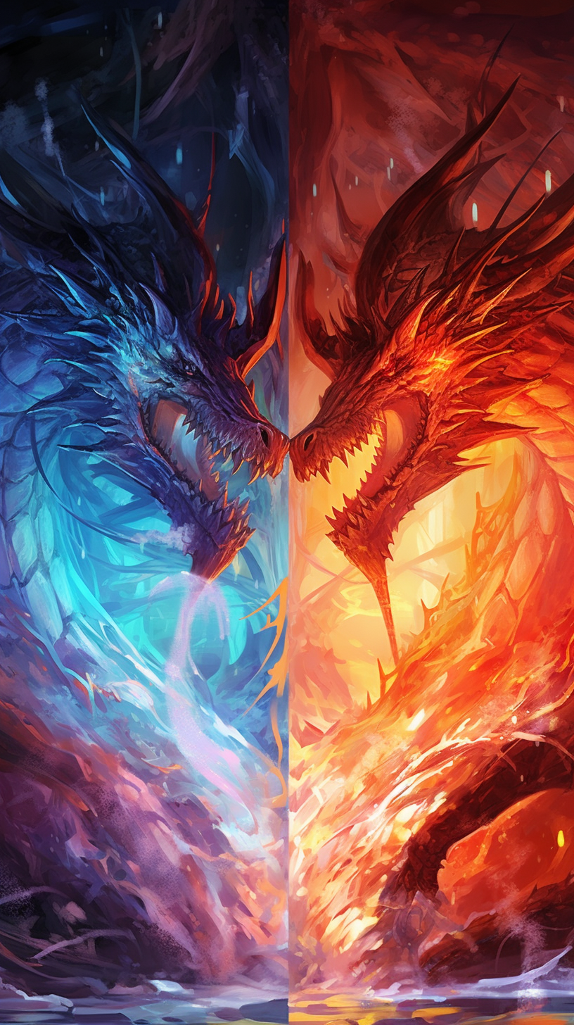 Rival dragons, one engulfed in flames, the other surrounded by ice; manga-style illustrations focusing on the contrasting elements. phone art wallpaper