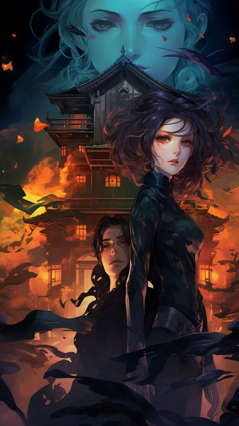 A spooky manhua illustration featuring an ominous estate; focus on intricate architectural details. phone art wallpaper