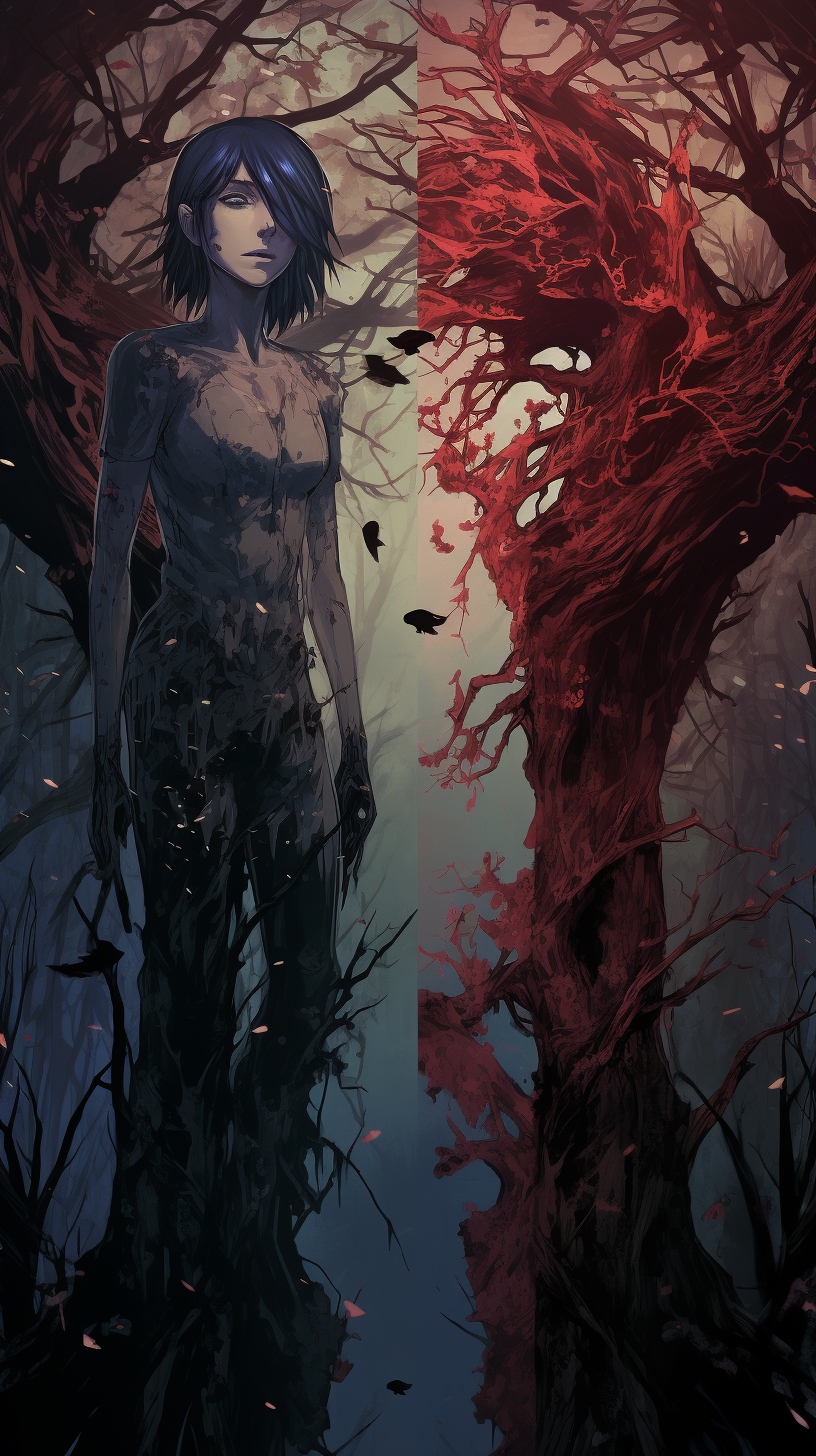 Horrifying manhua work of a dark forest, the trees drawn with detailed and textured lines. phone art wallpaper