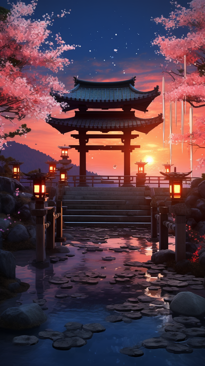 A serene dawn scene at a classic anime-style shrine; delicate lines and gentle shading. phone art wallpaper