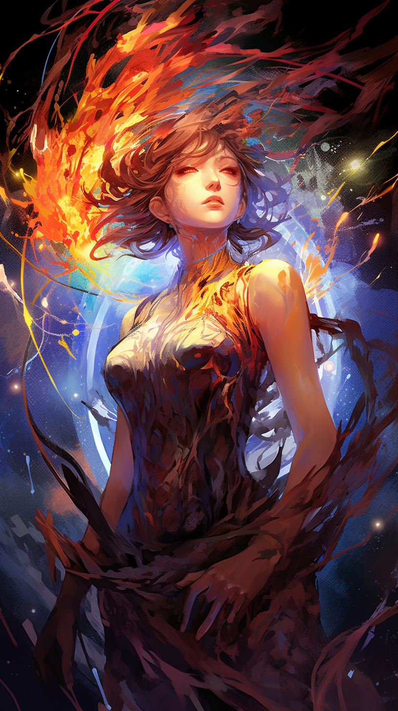 Manga character unleashing energy; dynamic drawing with circular patterns denoting energy. phone art wallpaper