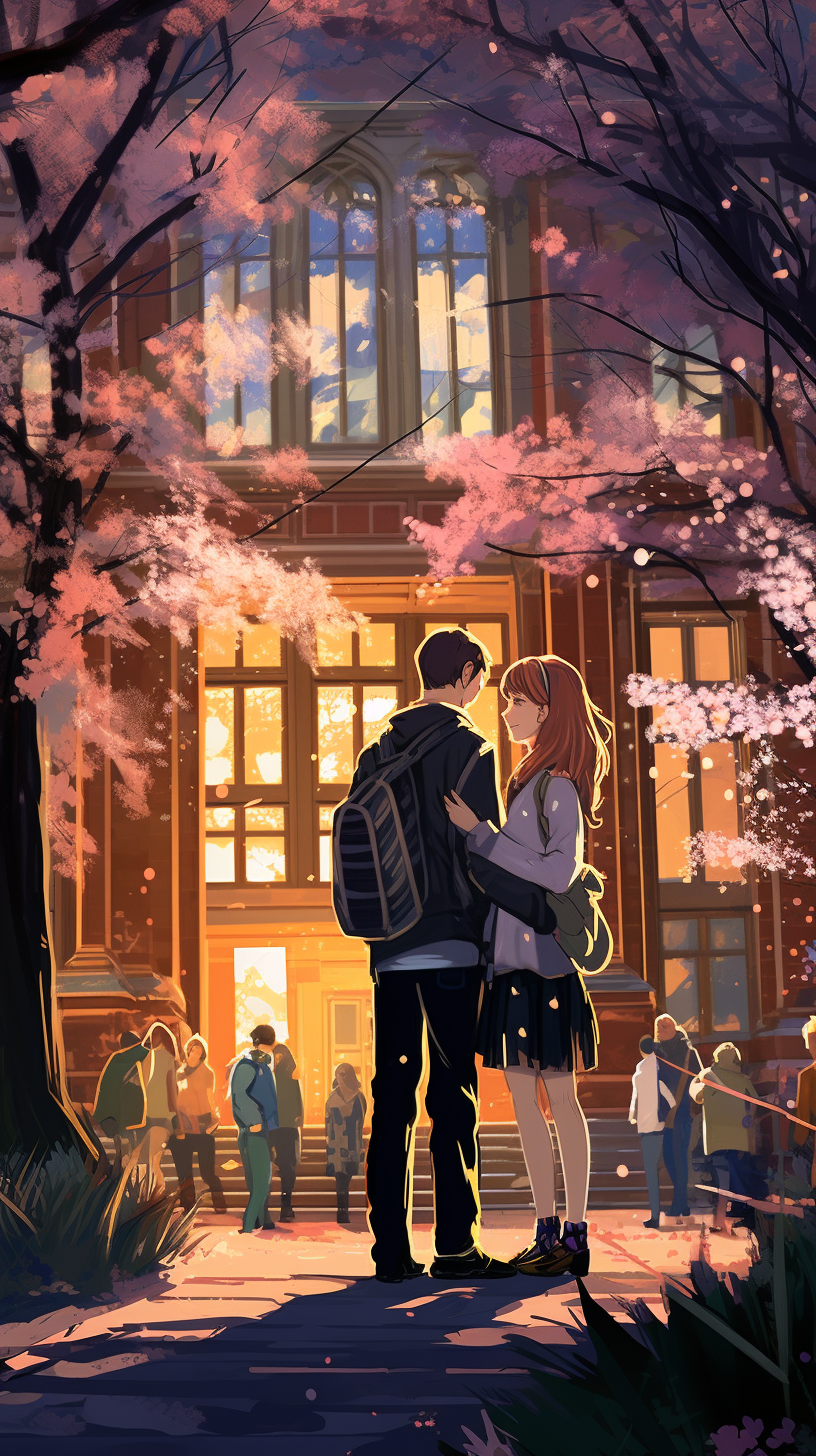 A romantic school life scene on campus; detailed backgrounds with distinct characters. phone art wallpaper