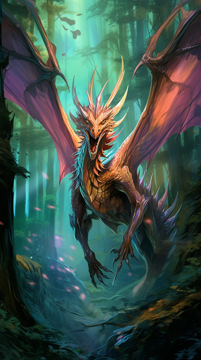 Magnificent dragon soaring through the forest; expert linework capturing motion and woodlands. phone art wallpaper