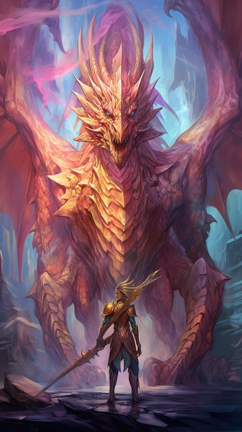 Imposing dragon standing in front of a warrior; detailed outlines and shading. phone art wallpaper