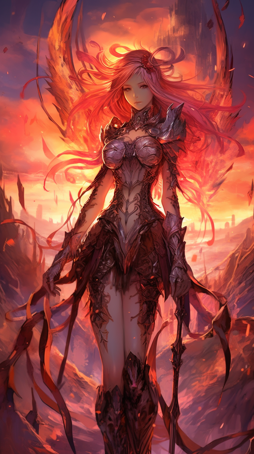 Central anime character standing firm amidst a battlefield; intricate details and strong contrasts. phone art wallpaper