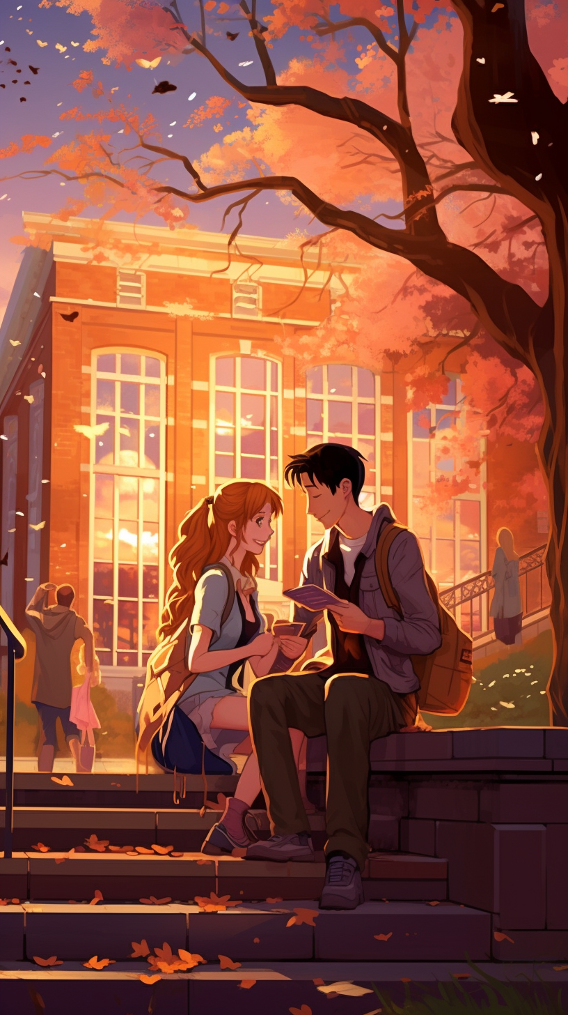 Library setting with secret lovers; fine lines with a focus on character expressions. phone art wallpaper