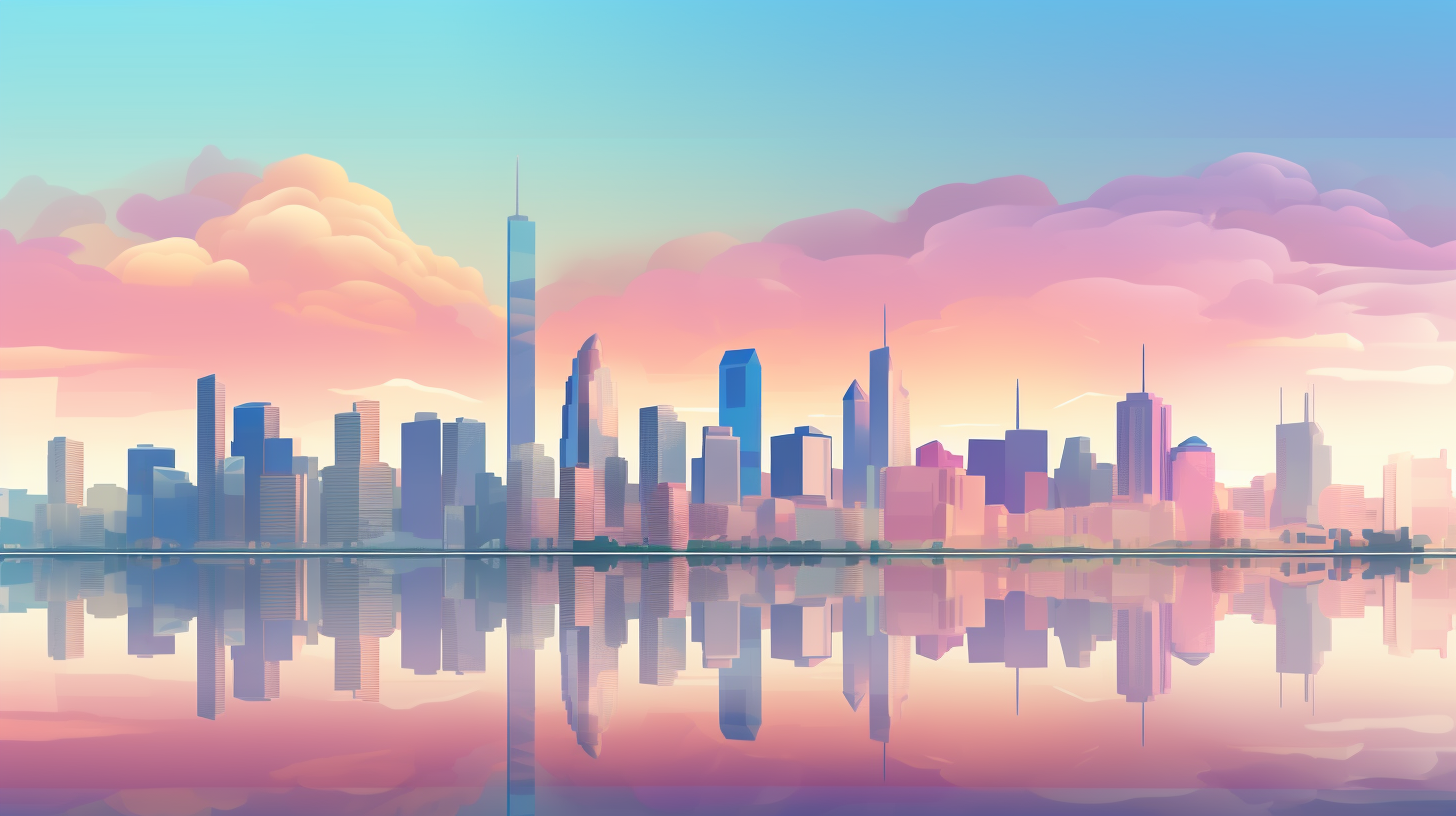 Urban skyline silhouette against a pastel sunset; vivid color contrasts and overlapping geometric forms.desktop, phone, HD & HQ free wallpaper, free to download