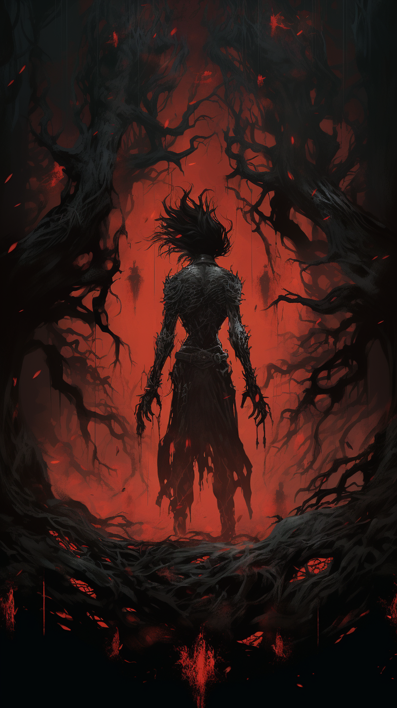 An eerie wilderness depicted in manhua style with fine lines demonstrating detailed forestry. phone art wallpaper