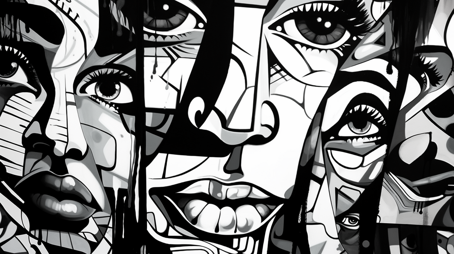 Human figures projected in black and white street art; the graffiti style emphasizes heavy and expressive outlines.desktop, phone, HD & HQ free wallpaper, free to download
