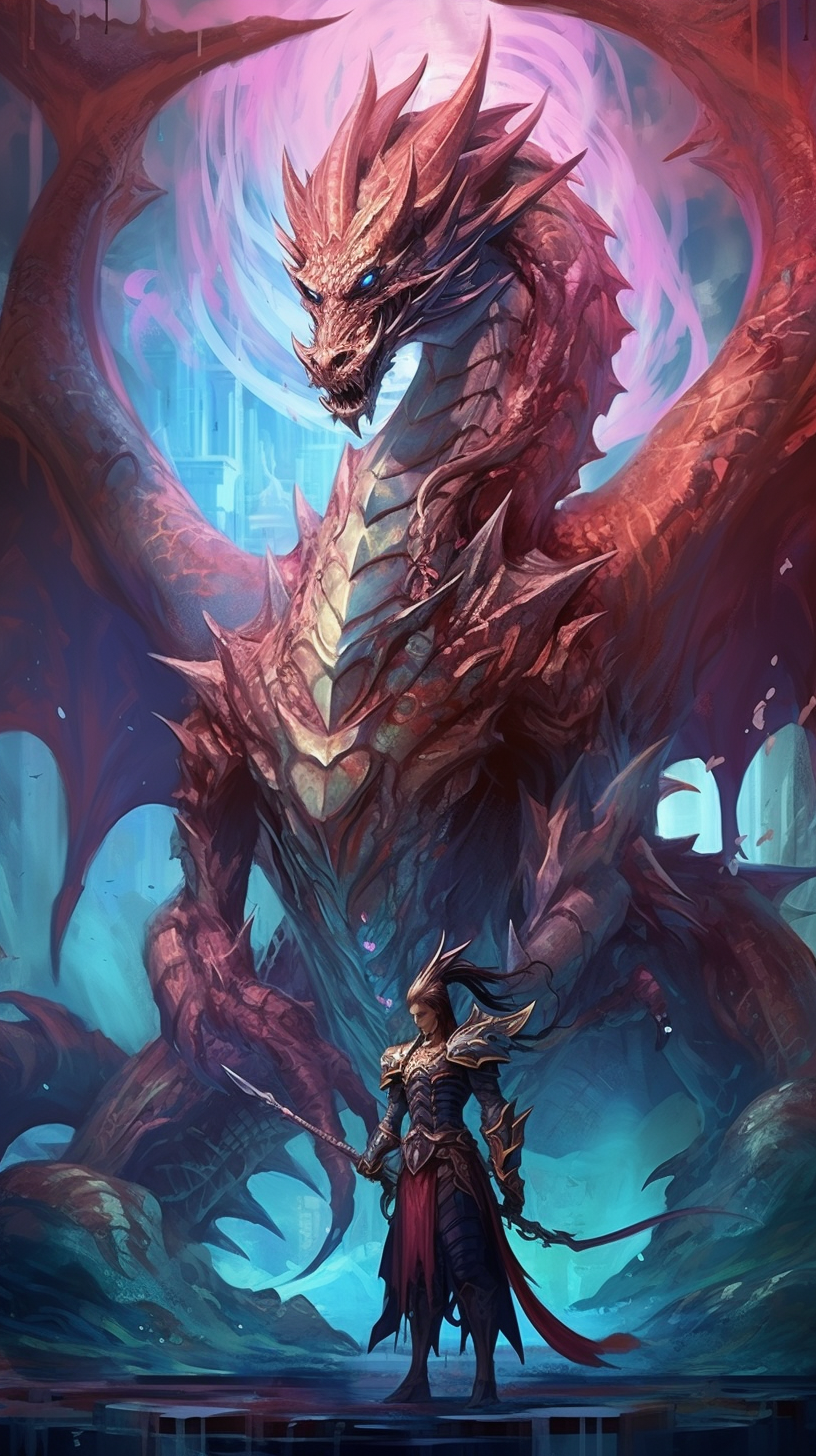 Face-off between a dragon and a warrior; brilliant expressions captured in detailed manga art. phone art wallpaper