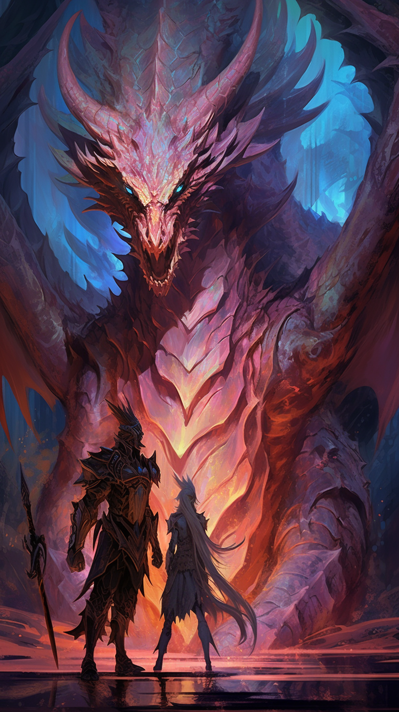 Close encounter between a dragon and a fearless warrior; bold lines, sharp angles and intricate patterns. phone art wallpaper