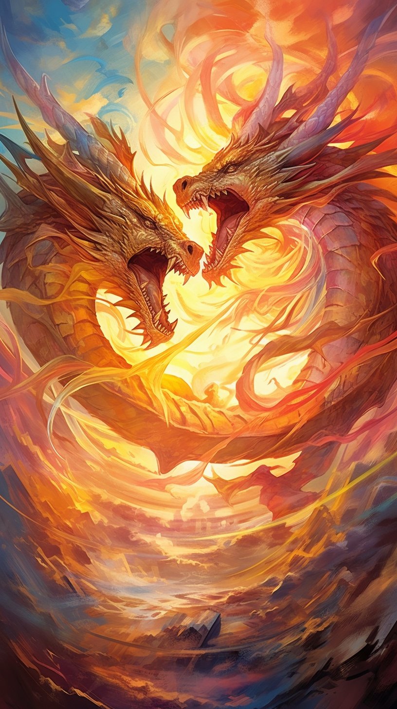 Intense encounter between two dragons amongst flaming debris; dynamic lines illustrating swift movement. phone art wallpaper