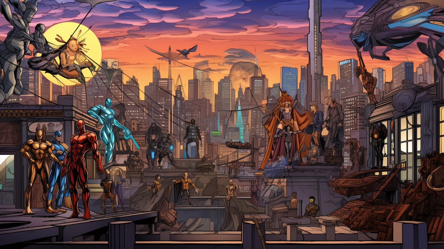 Detailed cityscape with comic superheroes; fine detailing in characters and their costumes.desktop, phone, HD & HQ free wallpaper, free to download