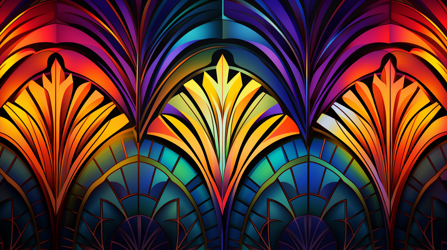 An explosion of color in an Art Deco styled wallpaper; prominent use of geometric shapes and intricate patterns.desktop, phone, HD & HQ free wallpaper, free to download