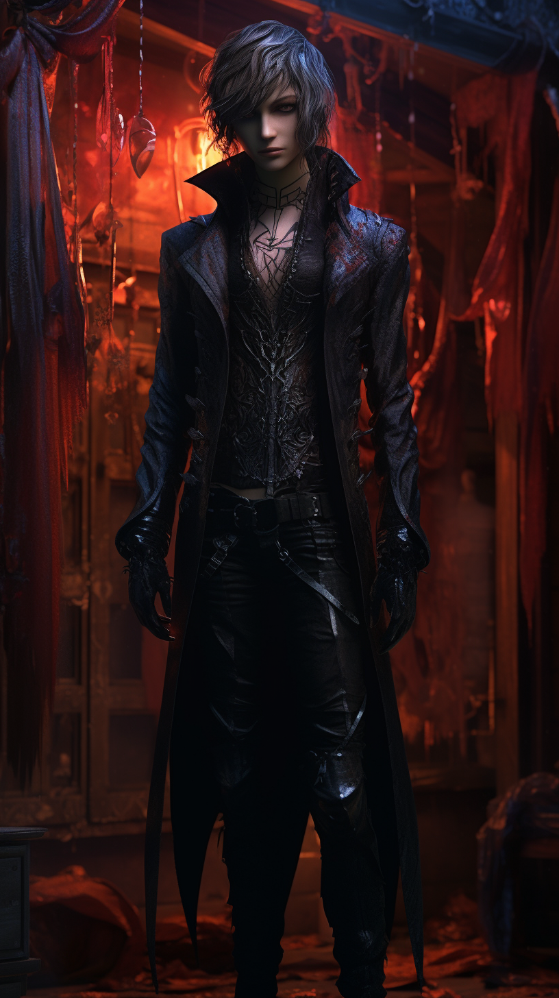 A vampire in loneliness amidst gothic backdrop; fine details of his pensive expression. phone art wallpaper