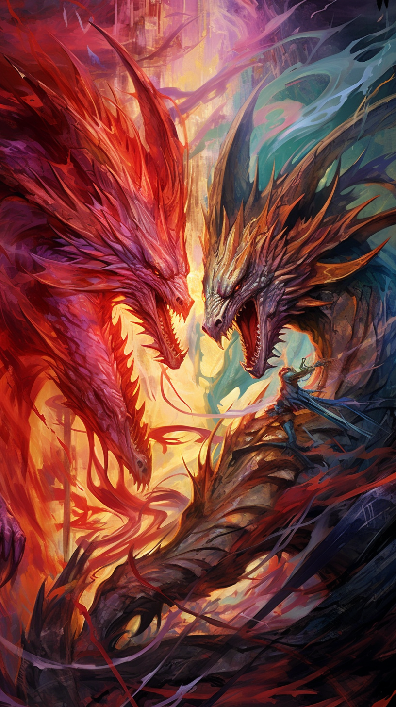 Dragon and warrior locked in an aerial battle; fine details, streamed lines depicting movement. phone art wallpaper
