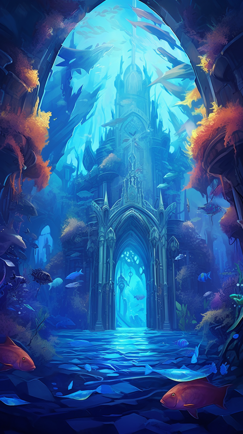 An intricately drawn underwater kingdom teeming with fantastical marine life and mythical structures; detailed patterns. phone art wallpaper