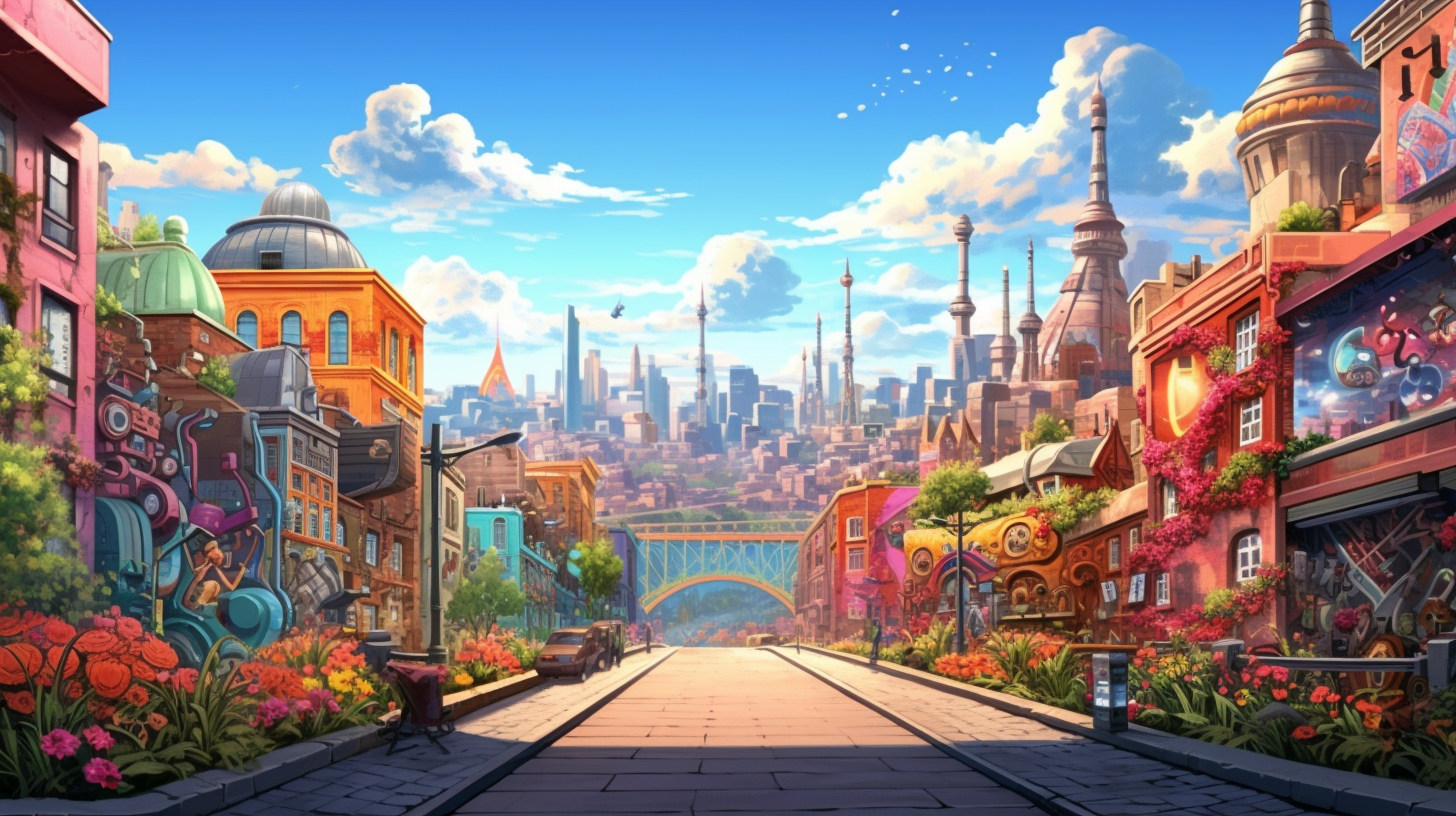 Urban panorama featuring iconic city elements in street art styledesktop, phone, HD & HQ free wallpaper, free to download