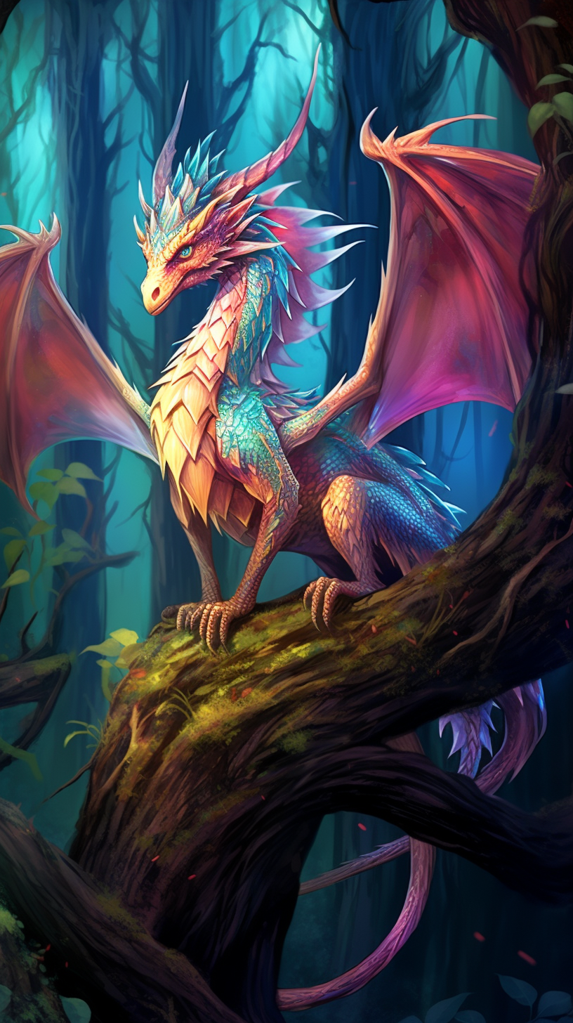 Dragon perched high atop a tree; meticulous details with a sense of perspective. phone art wallpaper