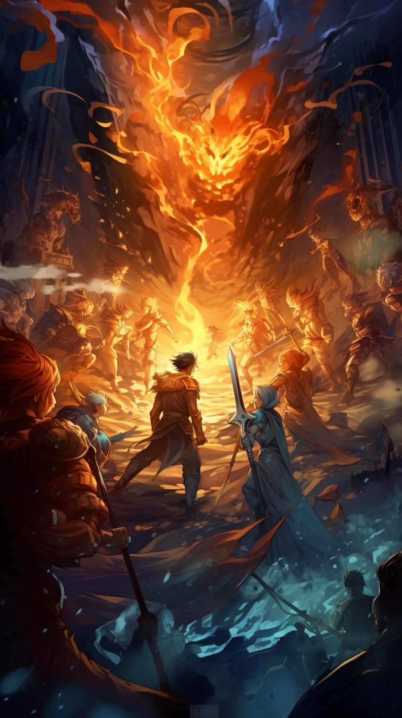 Depicting multiple manga characters engaging in battle; filled with movement lines and detailed character designs. phone art wallpaper