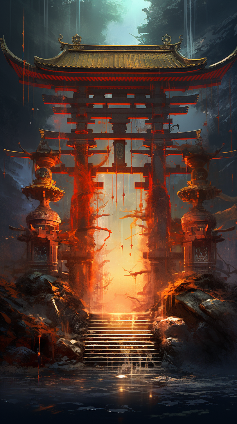 Shinto shrine in ancient Kyoto envelope by early morning fog; intricate details with fine lines. phone art wallpaper