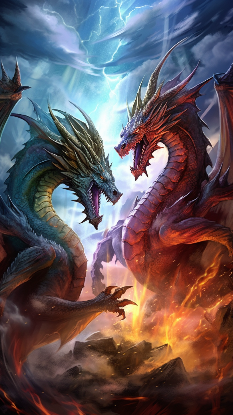 Conflict of epic beasts with sparks flying amidst stormy squalls; showcasing intricate patterns of dragon scales and feathers. phone art wallpaper