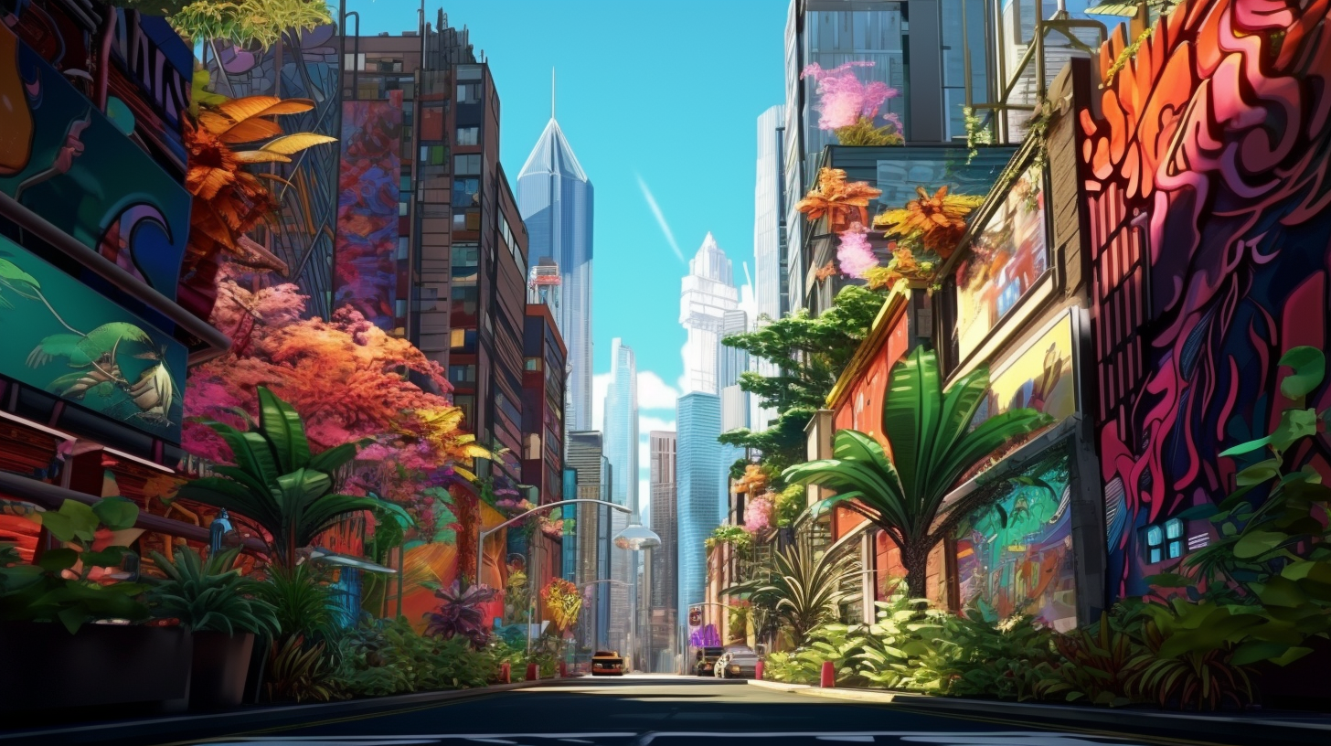 Urban cityscape blended with jungle flora and fauna; intricate street art designs.desktop, phone, HD & HQ free wallpaper, free to download