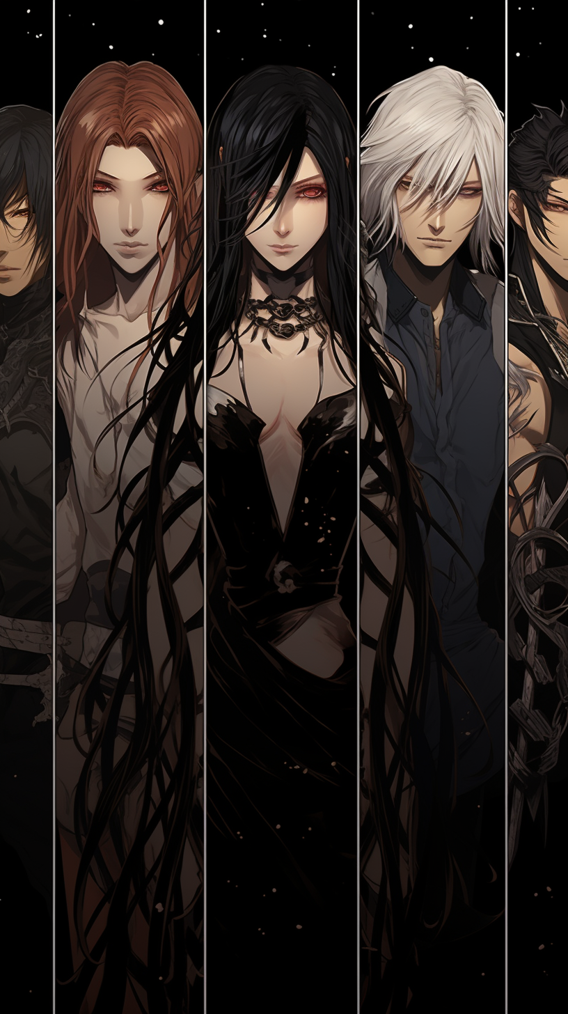Silhouetted figures with detailed, intricate gothic attire and architecture behind; typical in Manhua art. phone art wallpaper