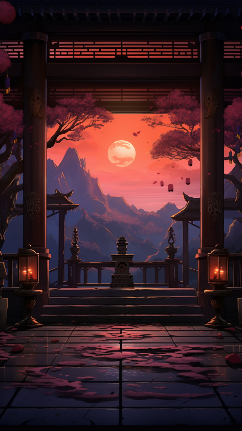 Daybreak scenario of a classical shrine; anime art style with subtle gradients. phone art wallpaper