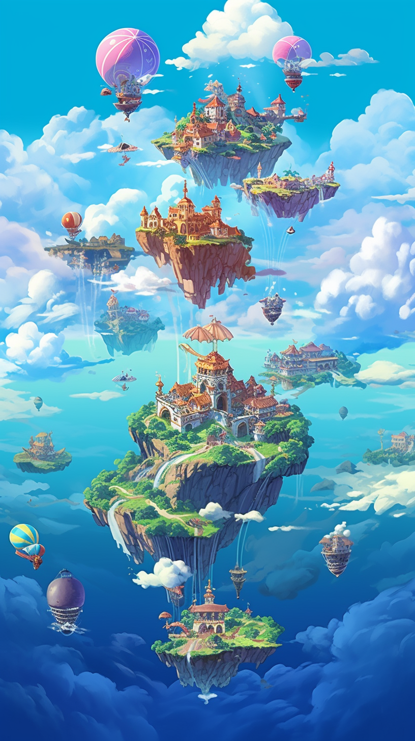 A scene displaying an airborne realm with floating islands and mystical constructs; heavy detailing. phone art wallpaper