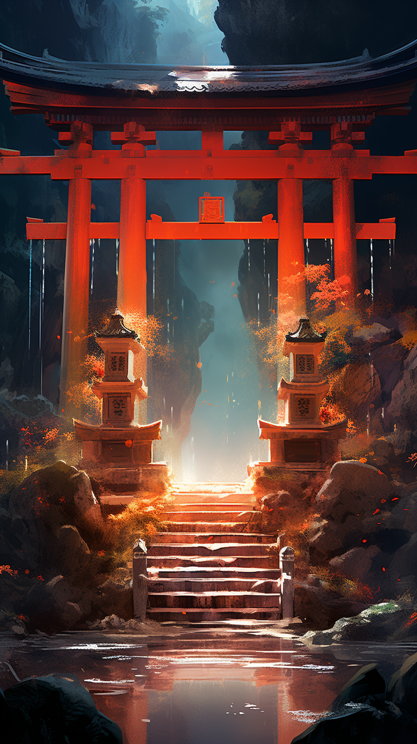 Ancient Shinto shrine represented by the sacred torii gates; clean lines and detail in abundance. phone art wallpaper