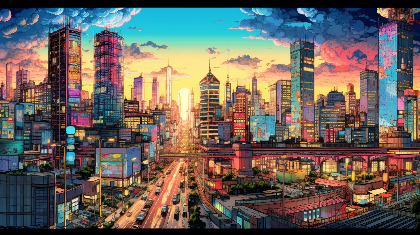 Artistic drawing of a city at sunset; detailed shading and relaxing aura.desktop, phone, HD & HQ free wallpaper, free to download