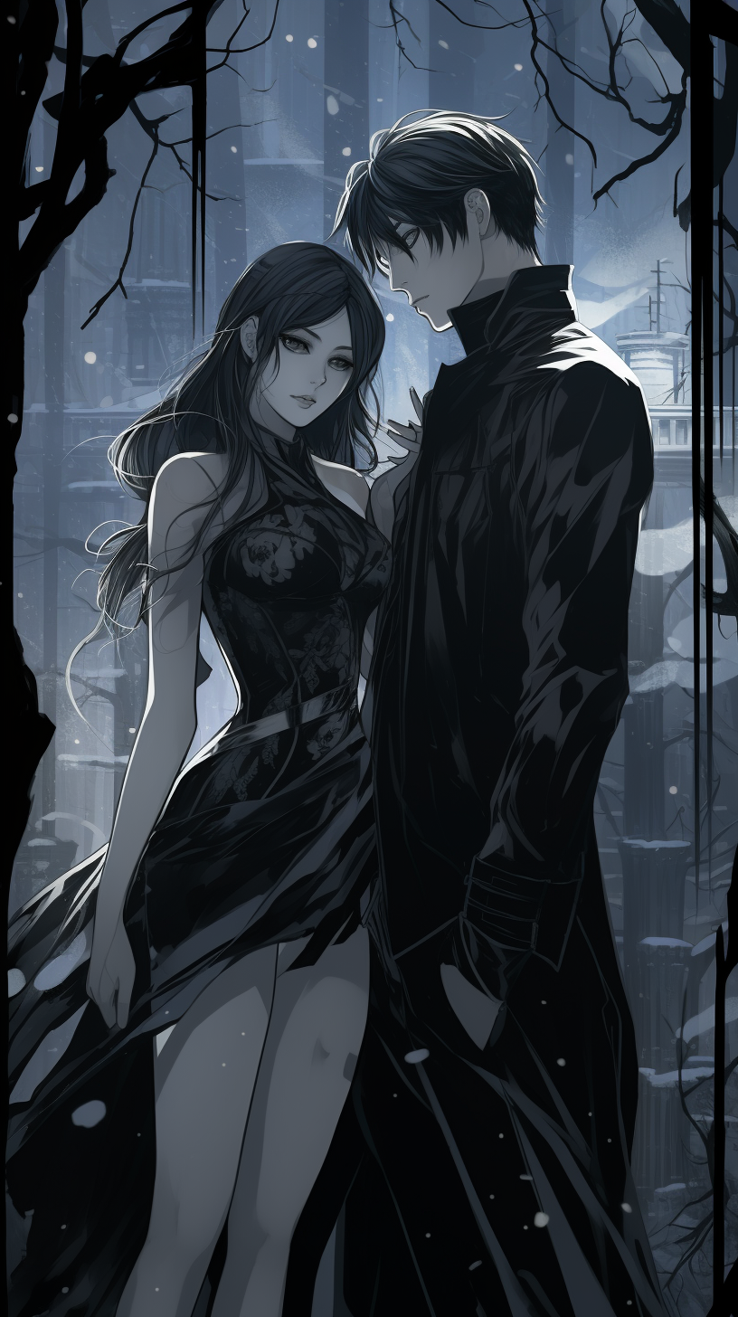 Detailed representation of dark, gothic theme using Manhua art style; heavy use of black and white. phone art wallpaper