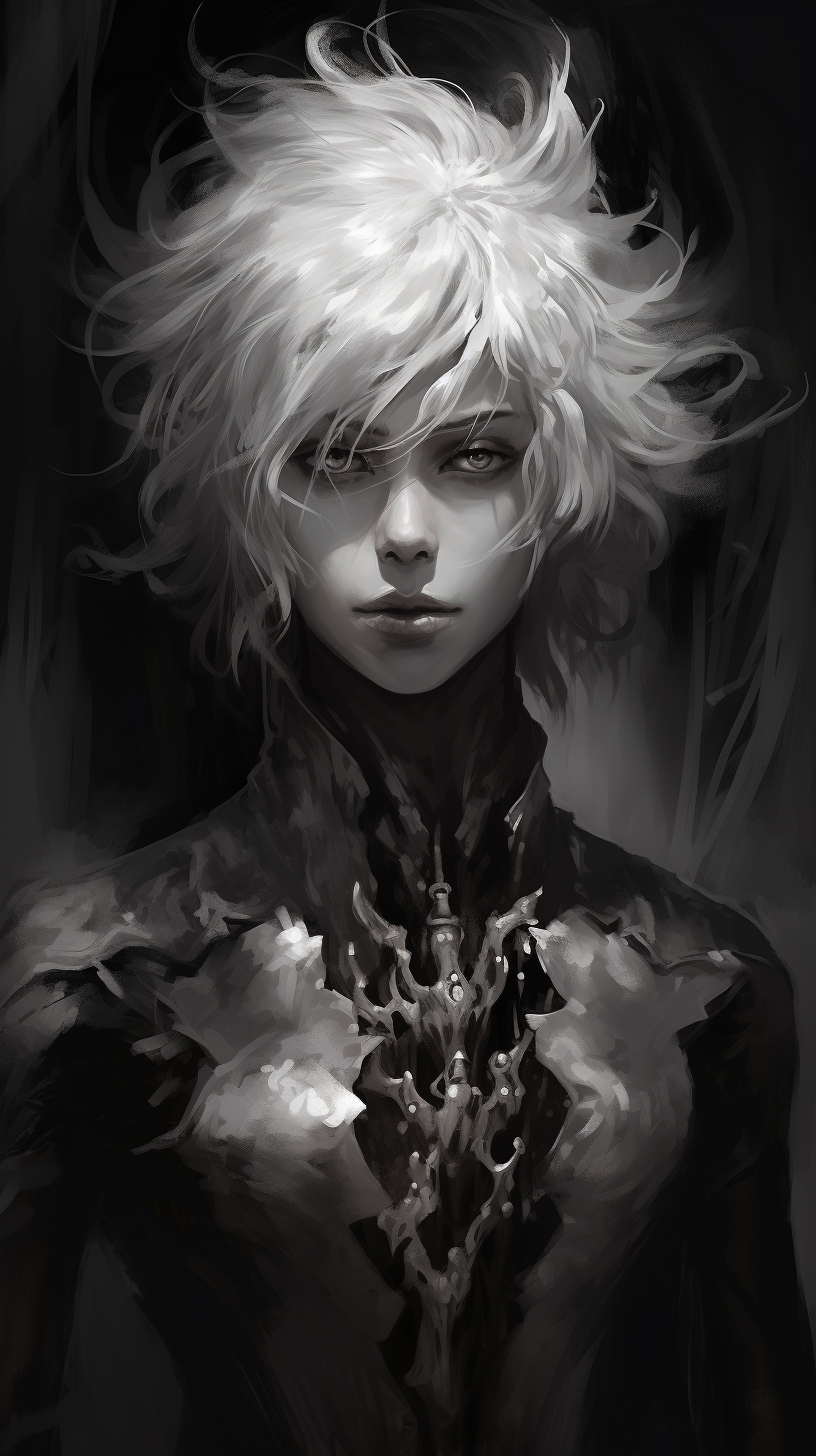 Close-up monochrome render of a villain, highlighting detailing in the eyes and face. phone art wallpaper