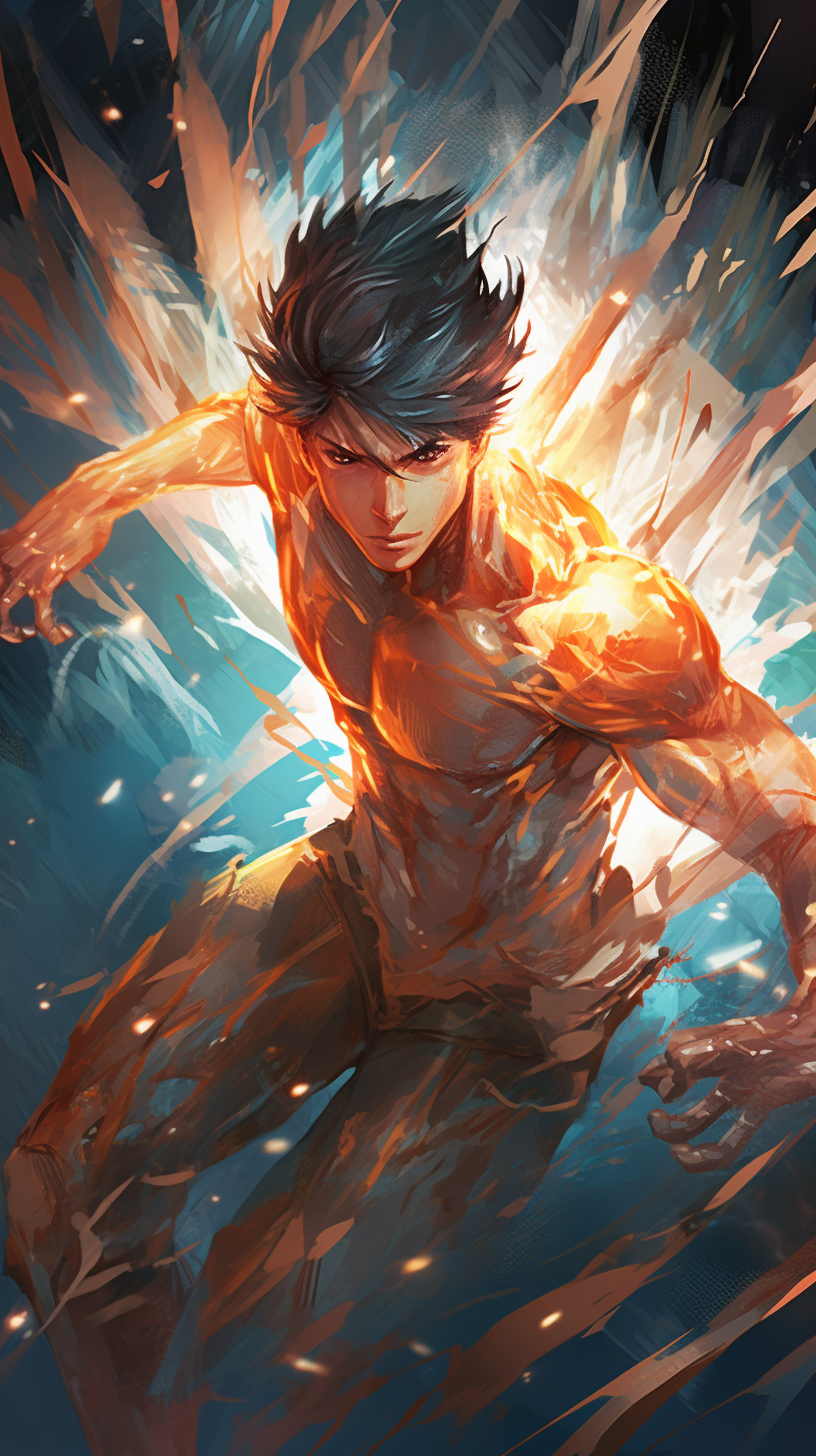 Single character in dynamic punching action; detailed shading and bold outlines. phone art wallpaper