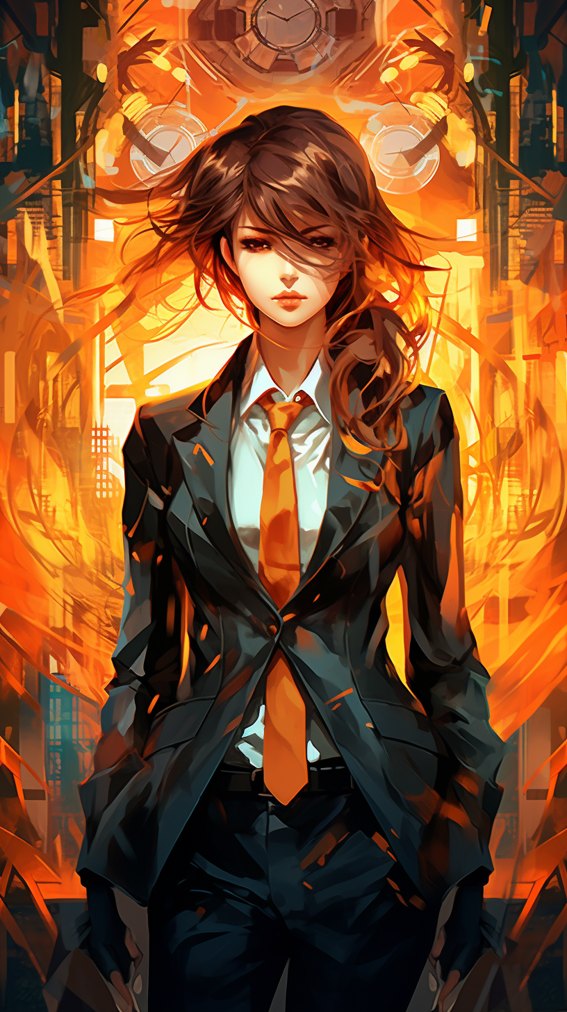 Anime style secret agent equipped with gadgets; bold lines and emphasis on tech devices. phone art wallpaper