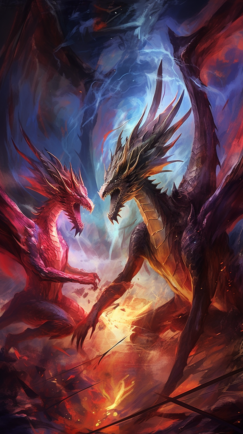 Warrior fighting dragon high in the sky; dynamic angles, detailing the motion and intensity. phone art wallpaper